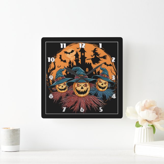Horloge Carrée Trio d'épouvantail d'Halloween dans un contexte éf (Maison)