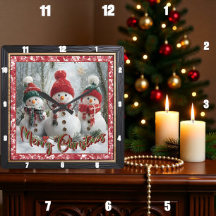 Horloge Carrée Trois bonshommes de neige Joyeux Noël