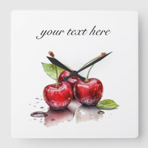 Horloge Carrée trois cerises juteuses rouges en aquarelle