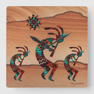 Horloge Carrée Trois Kokopelli Jouant de la lueur