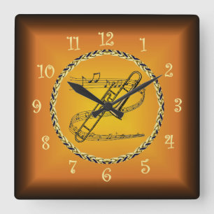 Horloge Carrée Trombone On Musical Scroll & Russet Orange ~