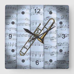 Horloge Carrée Trombone~Partition roulée~Arrière - plan Tint Bl