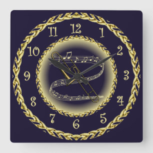 Horloge Carrée Trombone ~ Scroll musical ~ Gold/Navy Blue ~