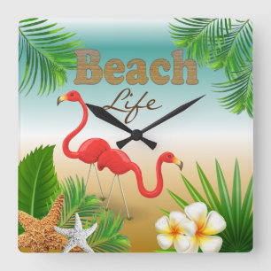 Horloge Carrée Tropical Beach Life Design with Flamingos