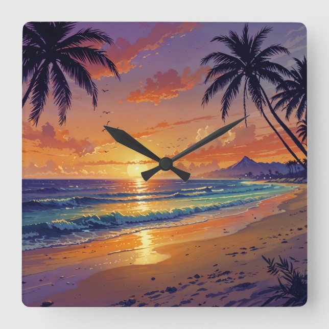 Horloge Carrée Tropical Beach Sunset - Illustration Style Art (Recto)