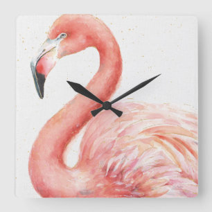 Horloge Carrée Tropical   Pink Flamingo