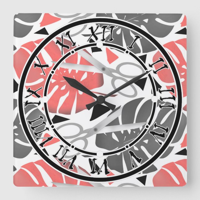 Horloge Carrée Tropical print monstera leaves scissors jungle exo (Recto)