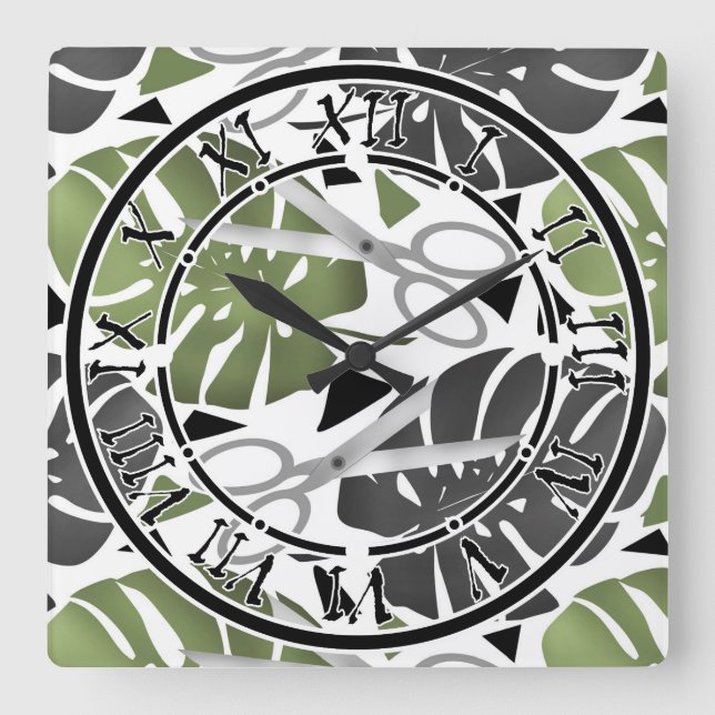 Horloge Carrée Tropical print monstera leaves scissors jungle exo (Recto)