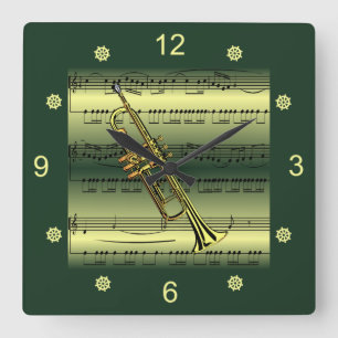 Horloge Carrée Trumpet~Partition roulée~Arrière - plan or/vert~ 