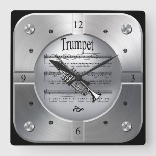Horloge Carrée Trumpet ~ Sheet Music ~ Brosse couleur argent ~