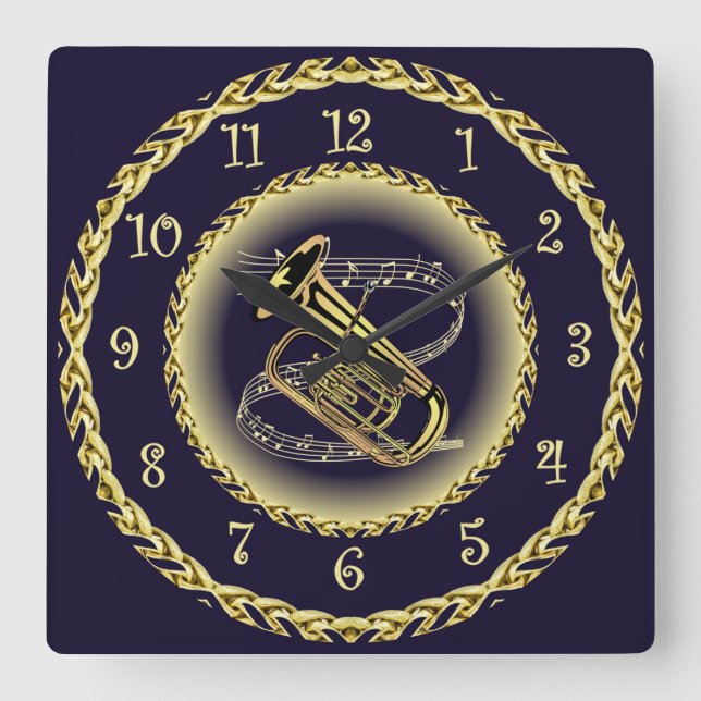 Horloge Carrée Tuba Musical Scroll ~ Gold et Navy Blue ~ (Recto)