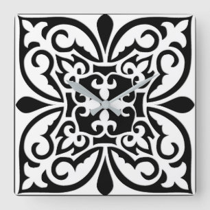 Horloge Carrée Tuile marocaine - blanc avec arrière - plan noir