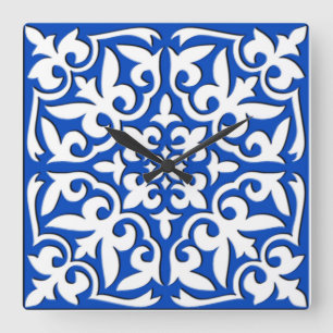 Horloge Carrée Tuile marocaine - bleu et blanc de cobalt