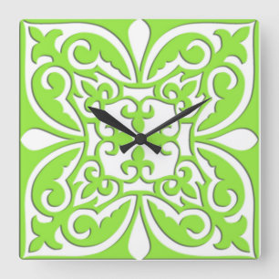 Horloge Carrée Tuile marocaine - vert et blanc de chaux
