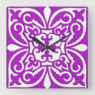 Horloge Carrée Tuile marocaine - violet violet et blanc