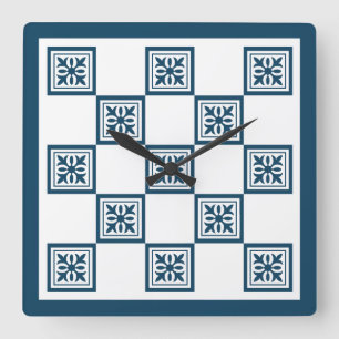 Horloge Carrée Tuiles bleues et blanches