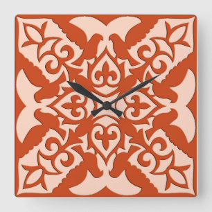 Horloge Carrée Tuiles marocaines - corail orange et pêche