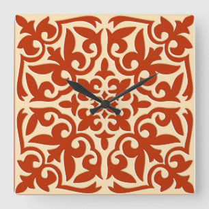 Horloge Carrée Tuiles marocaines - corail orange et pêche