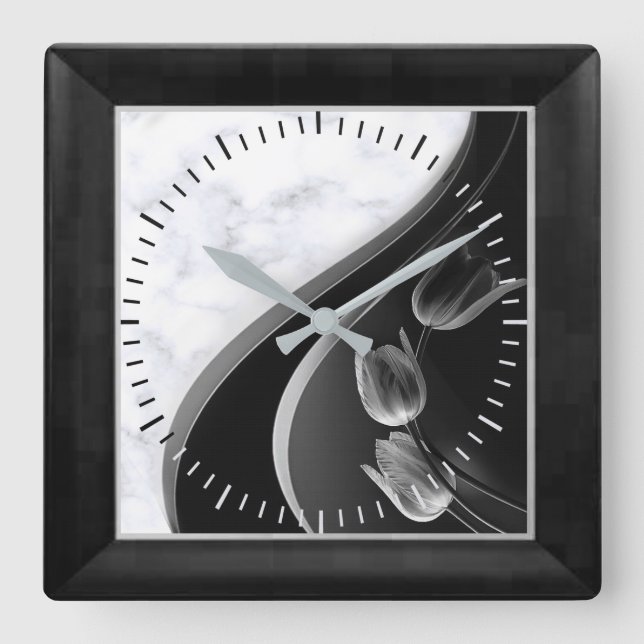 Horloge Carrée Tulipes Abstraites Marbres blancs (Recto)