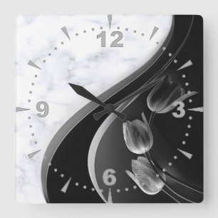 Horloge Carrée Tulipes Abstraites Marbres blancs