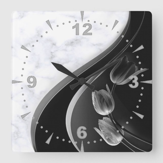 Horloge Carrée Tulipes Abstraites Marbres blancs (Recto)