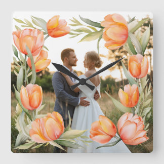 Horloge Carrée Tulipes Orange Aquarelle Bordure Couple Mariage