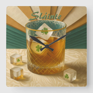 Horloge Carrée Tumbler de whiskey irlandais Trèfle à glace "Sláin