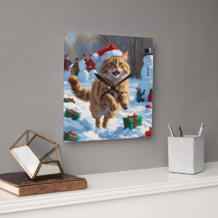 Horloge Carrée Turc Angora Chat Courir en Casquette de Noël de ne
