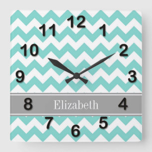 Horloge Carrée Turq / Aqua Blanc Chevron Gris Monogramme Nom