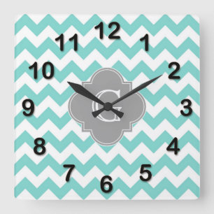 Horloge Carrée Turq / Aqua Blanc Chevron Gris Quatrefoil Monogram
