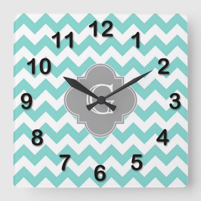 Horloge Carrée Turq/Aqua White Chevron Gray Quatrefoil monogram (Recto)