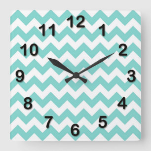 Horloge Carrée Turquoise Aqua White Chevron Zig Zag Pattern