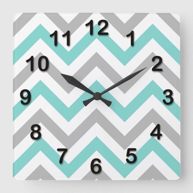 Horloge Carrée Turquoise, Gris, Blanc grand motif chevron zigzag (Recto)