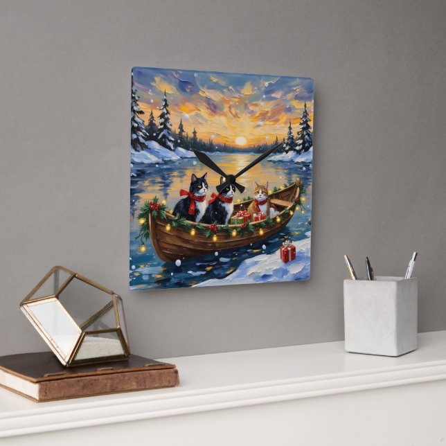 Horloge Carrée Tuxedo Cat Christmas Boat Holiday (Bureau)