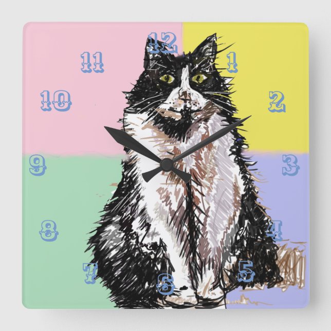 Horloge Carrée Tuxedo Chat Cute Chats Enfants Filles Pastel Chamb (Recto)
