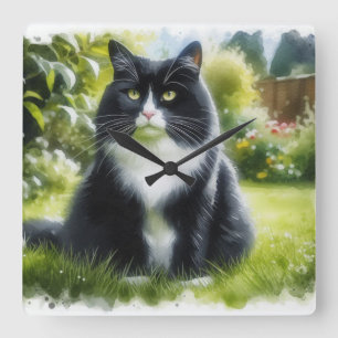 Horloge Carrée Tuxedo Chat dans le jardin aquarelle murale
