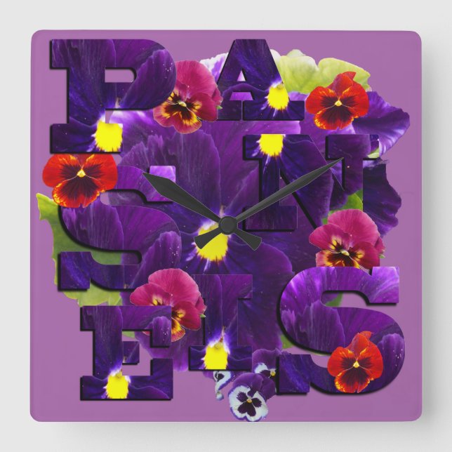 Horloge Carrée Typographie de Pansy Violet, (Recto)