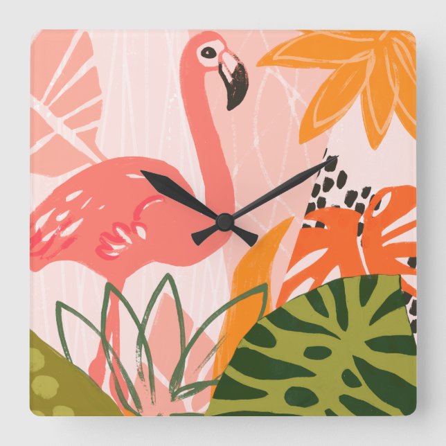 Horloge Carrée UA Flamant rose Jungle II (Recto)