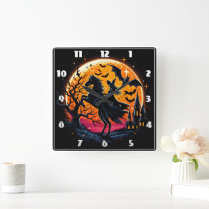 Horloge Carrée Un cheval d'Halloween mystique sous la pleine lune
