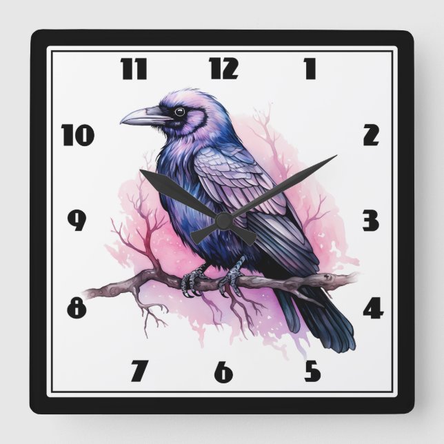 Horloge Carrée Un Corbeau noir sur une branche (Recto)