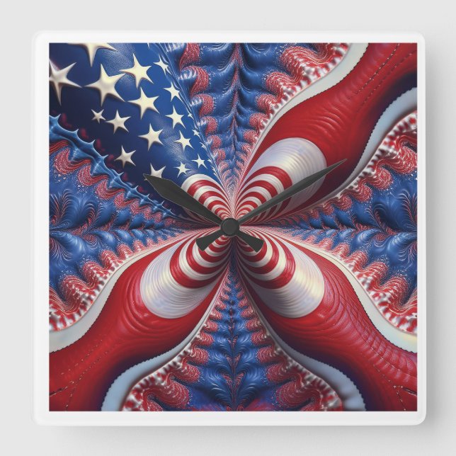 Horloge Carrée Un Mélange De Drapeau Américain Et De Fractale (Recto)