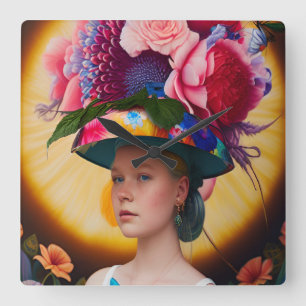 Horloge Carrée Une dame avec un casquette solaire à fleurs