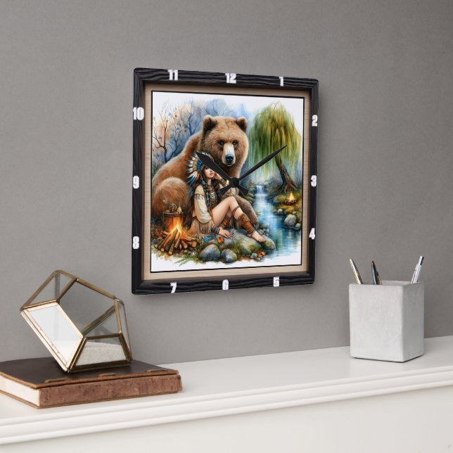 Horloge Carrée Une Indienne Autochtone (Bureau)