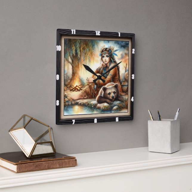 Horloge Carrée Une Indienne Autochtone Porte Le Saule (Bureau)