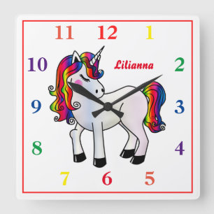 Horloge Carrée Unicorne arc-en-ciel
