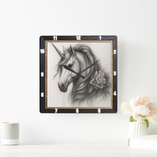 Horloge Carrée Unicorne monochrome floral