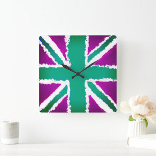 Horloge Carrée Union Jack Art violet teintes vertes Mur Art