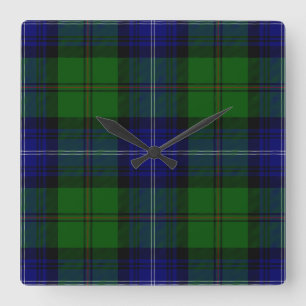Horloge Carrée Urquhart tartan bleu vert plaid