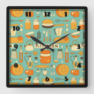 Horloge Carrée Ustensiles de cuisine modernes du milieu du siècle