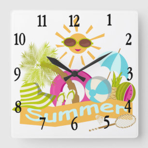 Horloge Carrée Vacances plage d'été soleil souriant en lunettes d